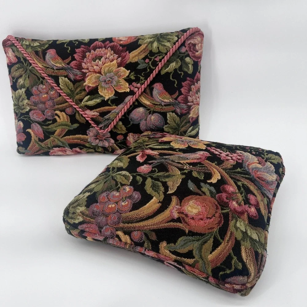 Tapestry Throw Pillows SET of 2 Black Floral Bird Dark Whimsy Boho Cottage‎ Core